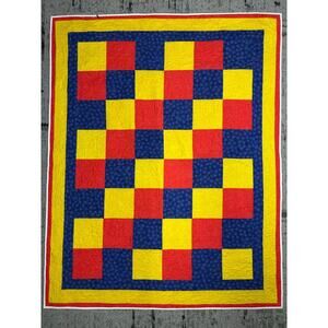 Handmade Quilt Red Blue Yellow Block Pattern Machine Star Quilted Rocket 44"x55"